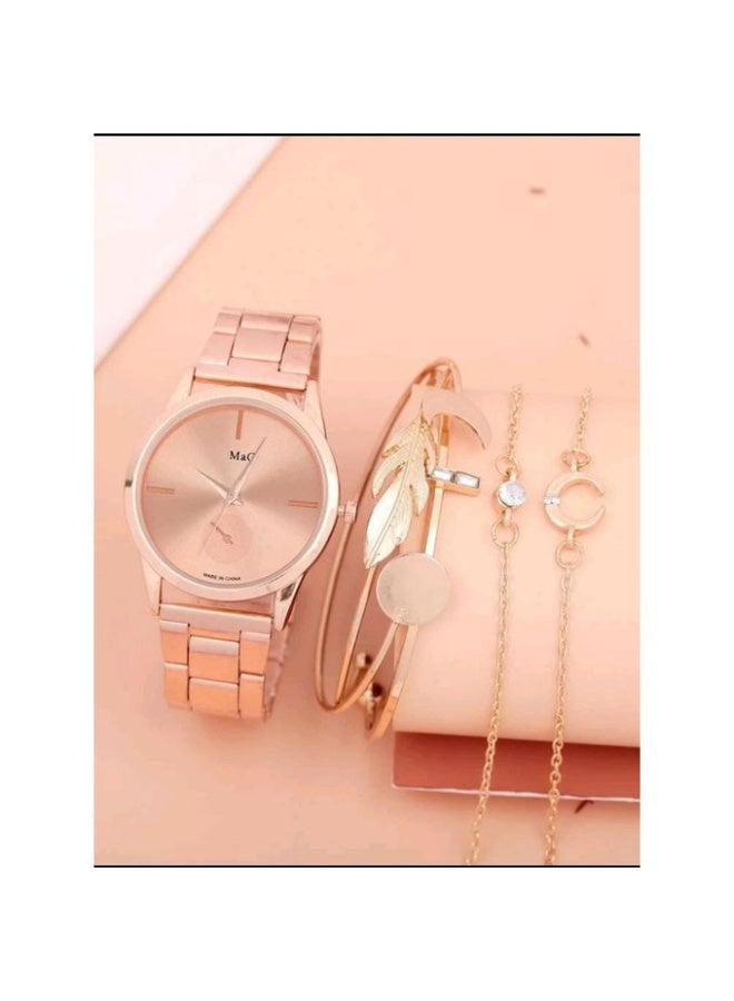 SHEIN-1pc Round Pointer Quartz Watch & 5pcs Bracelet - Image 2